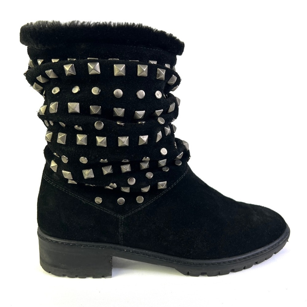 STUART WEITZMAN BLACK LEATHER BOOTS STUDS SLOUCHY SLIP ON BOOT PULL ON BOOT 5.5